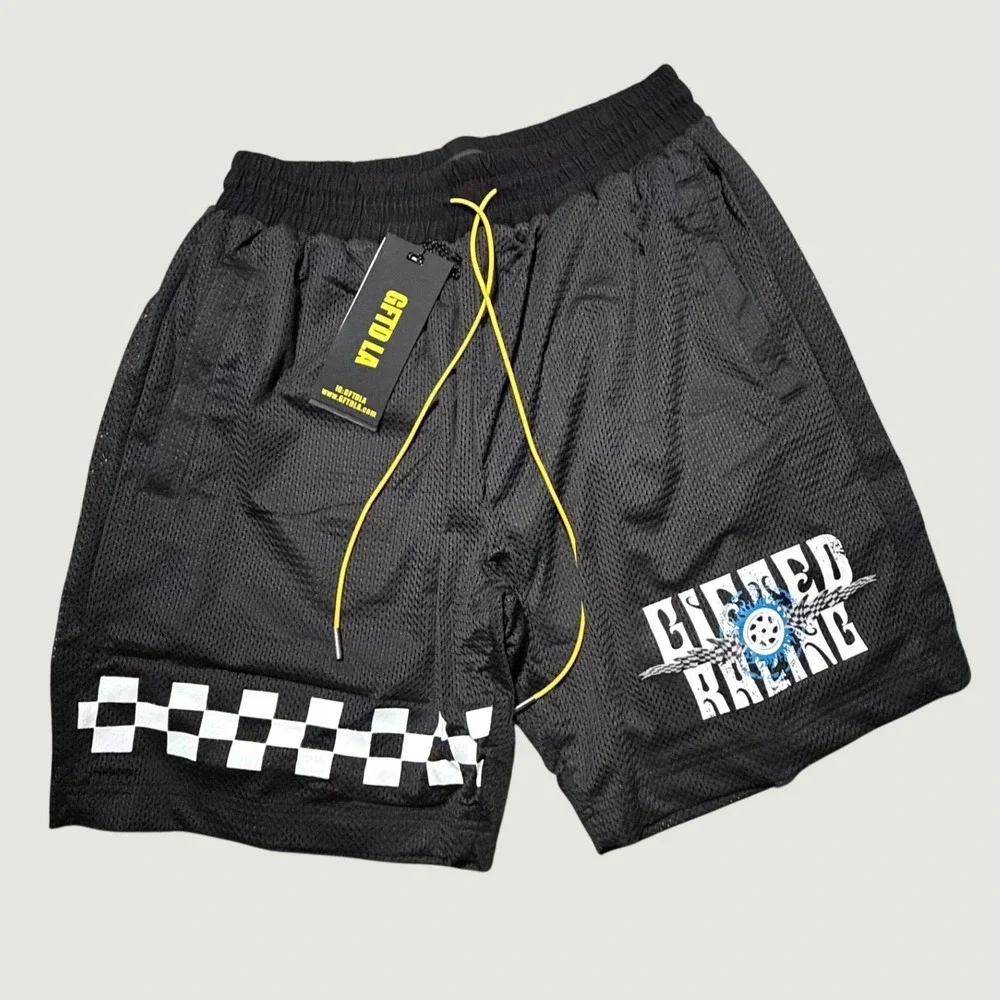 GFTD LA All Mighty Racing Shorts Mens Medium Black Mesh Graphic Drawstring NEW